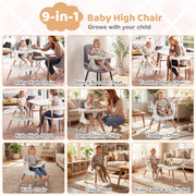 9-in-1 Convertible High Chair with Solid Wood Legs for Babies and Toddlers