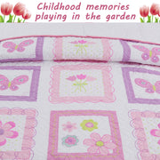 Butterfly Flower Pink Print Patchwork Twin Cotton Reversible Quilt Bedding Set