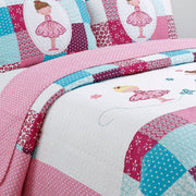 Ballerina Girl Pink Floral Dot Print Patchwork Cotton Reversible Quilt Bedding Set