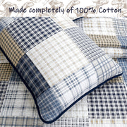 Benjamin Dinosaur Blue Brown Plaid Print Patchwork Cotton Reversible Quilt Bedding Set