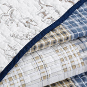 Benjamin Dinosaur Blue Brown Plaid Print Patchwork Cotton Reversible Quilt Bedding Set