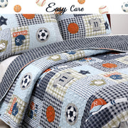 Blue Sports Baseball Basketball Soccer Football Print Patchwork Boy Reversible Quilt Bedding Set