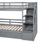 Twin over Twin Bunk Bed with Storage Staircase, Slide and Drawers, Desk with Drawers and Shelves  Gray