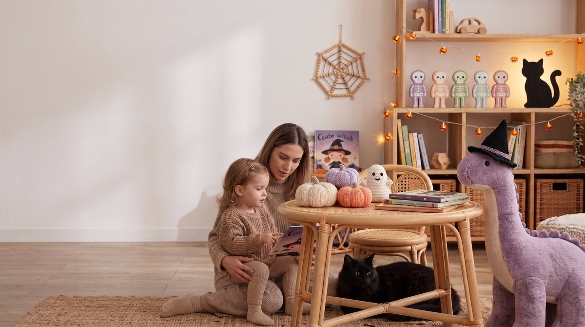 A cozy nursery inspiration with wooden toys and a lavender dinosaur