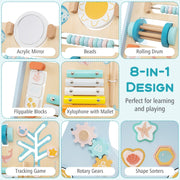 Wooden Baby Walker Push and Pull Learning Activity Center with Wheels-Blue