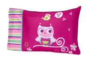Everything Kids Hoot Hoot Pink, Aqua, Green and White 4 Piece Toddler Bed Set - Comforter, Fitted Bottom Sheet, Flat Top Sheet, Reversible Pillowcase